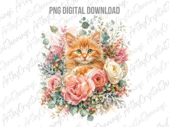 Download Watercolor Orange Kitten Floral PNG - Orange Collection